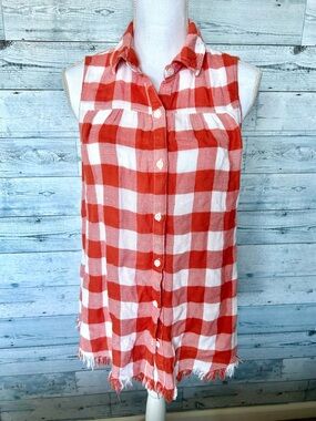 Sleeveless Orange & White Plaid Button-Front Top